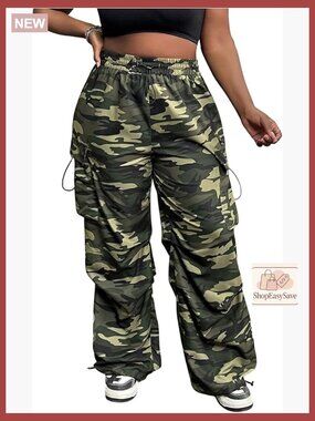 Plus Size Camo Cargo Pants Y2K Elastic Drawstring Wide Leg Trousers